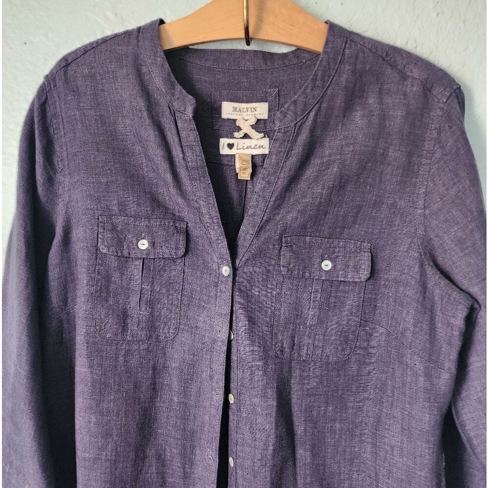Women's Linen Blue Button-Up Tunic Dress - Picture 2 of 11